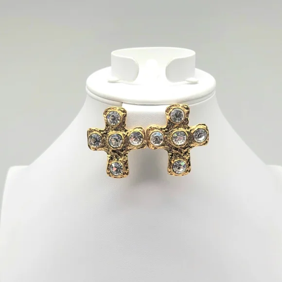 Christian LaCroix Textured Gold Cross Statement Earrings with Swarovski Crystals
